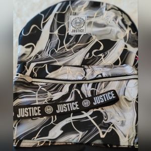 Brand New: Justice Metallic/Marble 17" Backpack w/ Lanyard & Key Chain